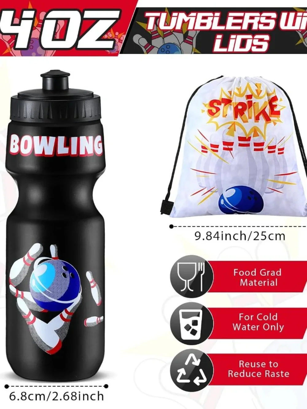 12 Pack Bowling Party Favors Set, Bowling Drawstring Bags & 24 oz Water Bottles,